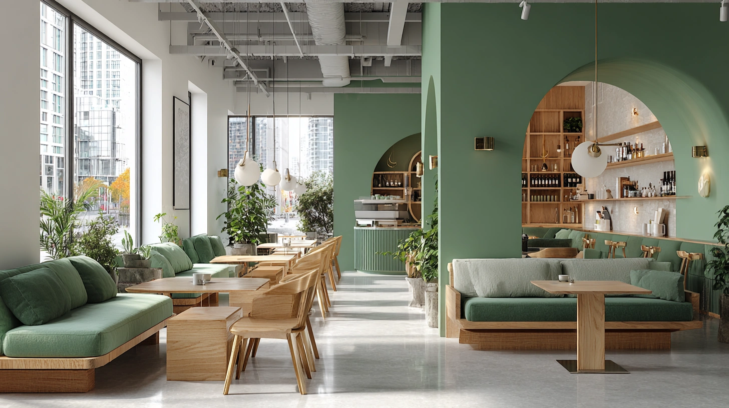 Bright cafe with green accents