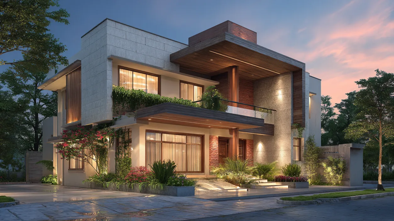 Luxury Indian contemporary house at dusk