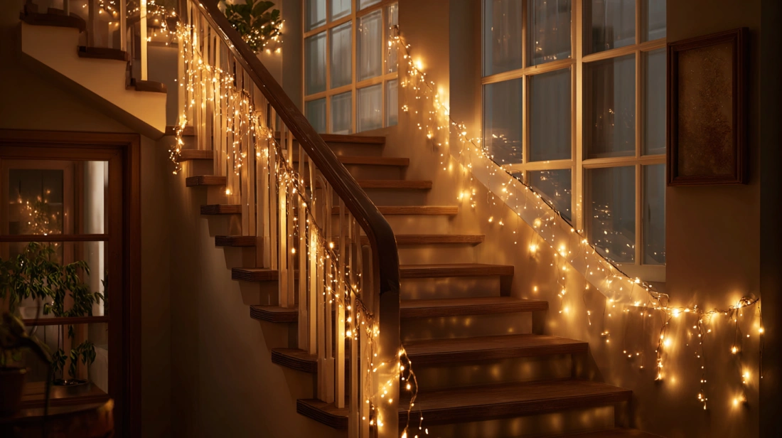 Warm fairy lights wrapped around a wooden stair railing