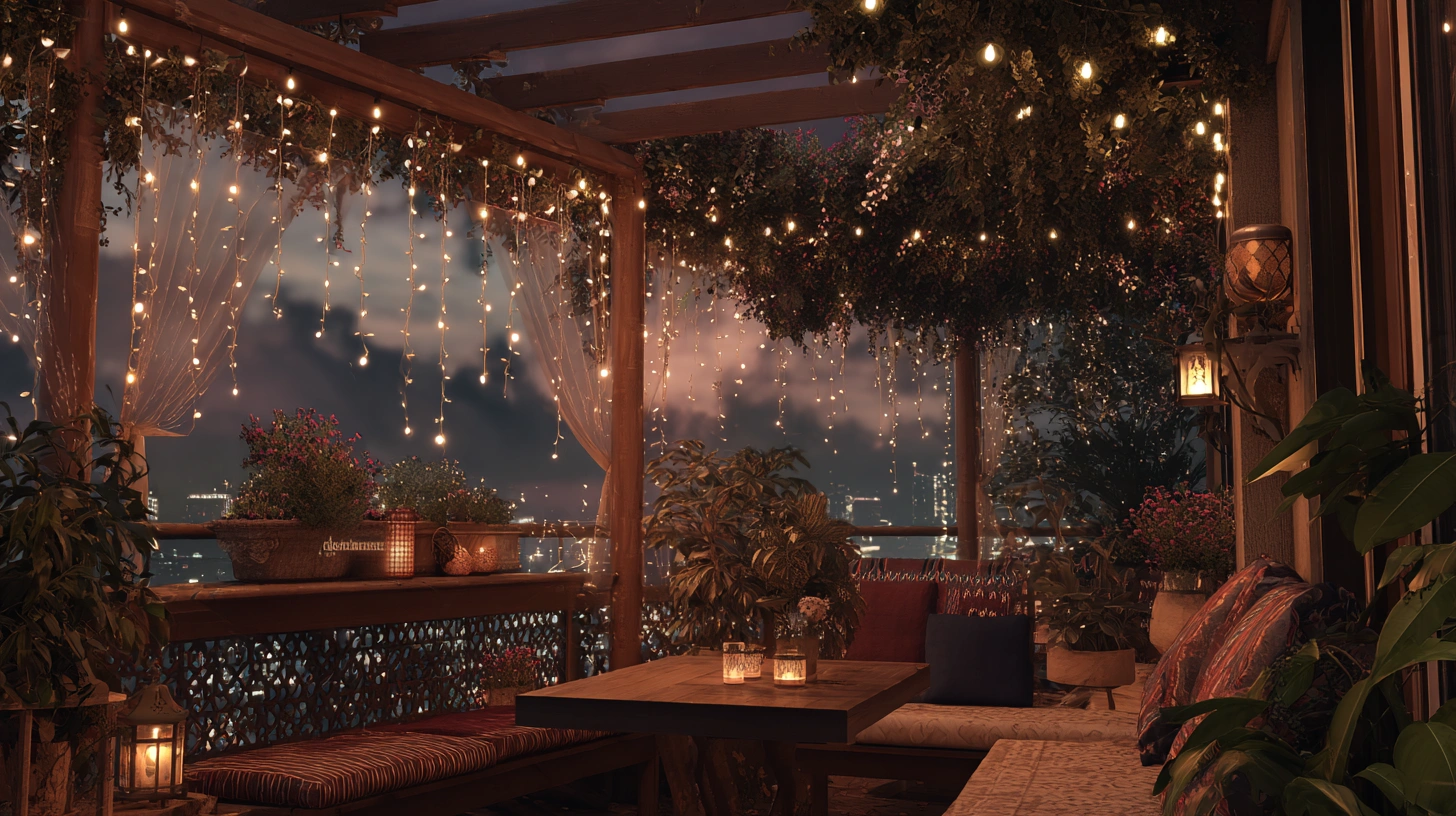 Fairy lights draped across pergola on Indian terrace