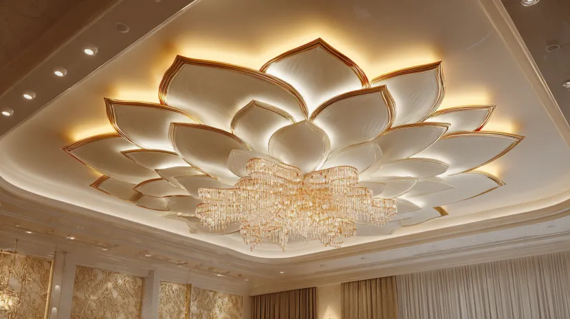 Grand lotus false ceiling chandelier flower design in gold