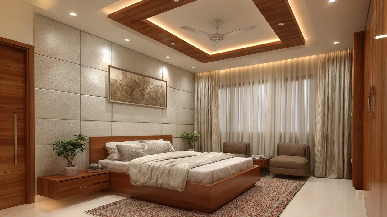 tray false ceiling design for bedroom with fan and cove lighting