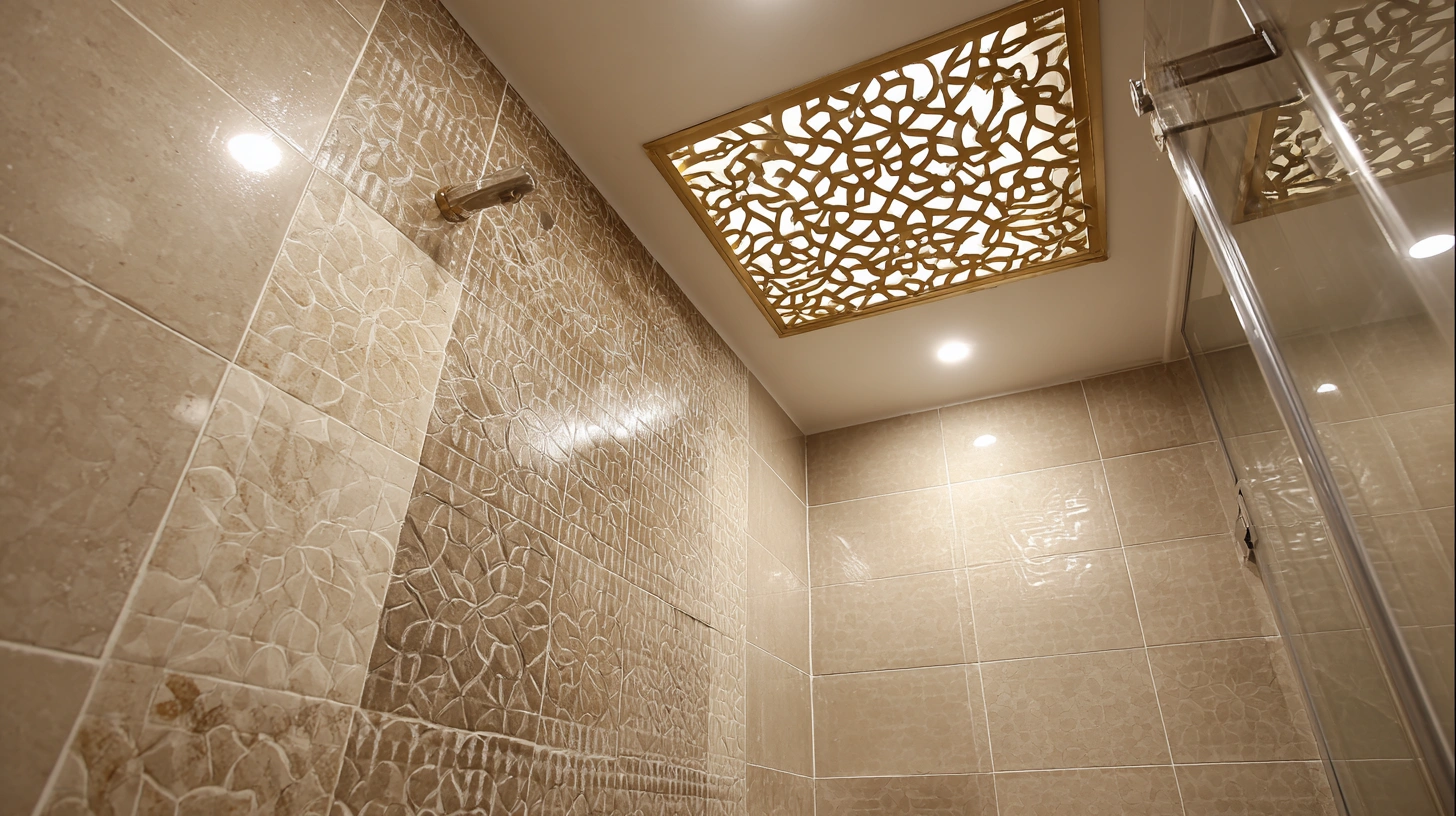 Modern bathroom ceiling with integrated metal ventilation grilles
