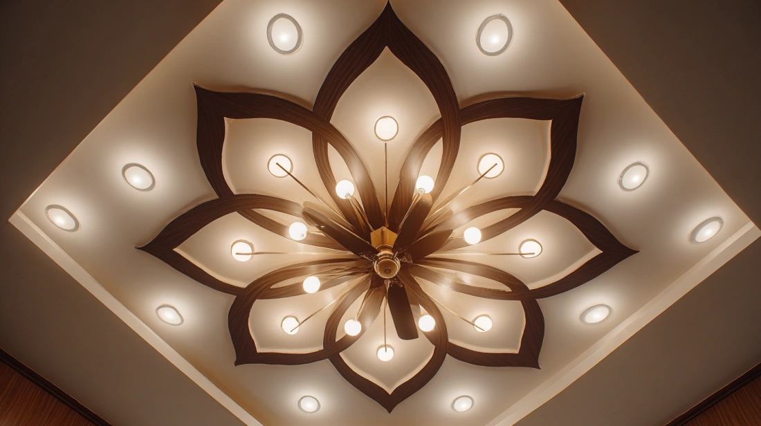 Modern ceiling fan surrounded by recessed POP spotlights