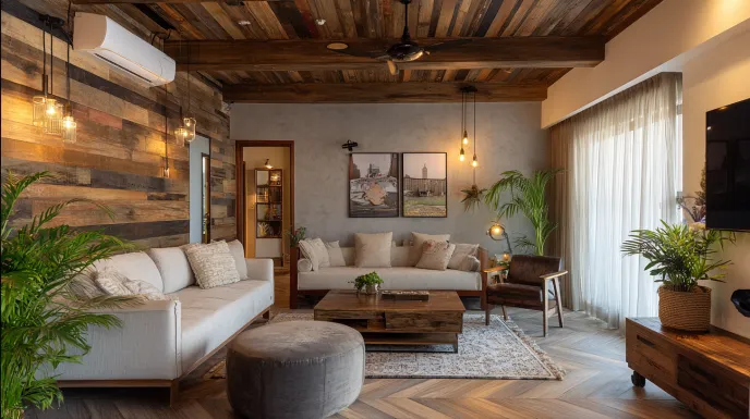 cozy modern living room with wooden accents, neutral sofas, indoor plants, and warm lighting