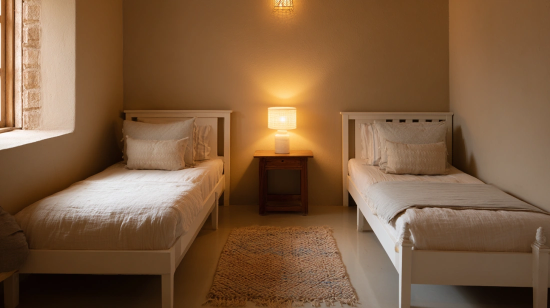 Farmhouse twin beds in small cozy bedroom