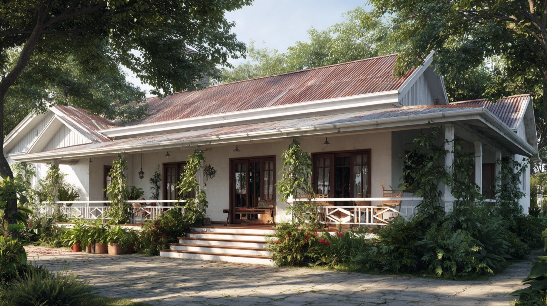 Indian farmhouse exterior with white walls porch