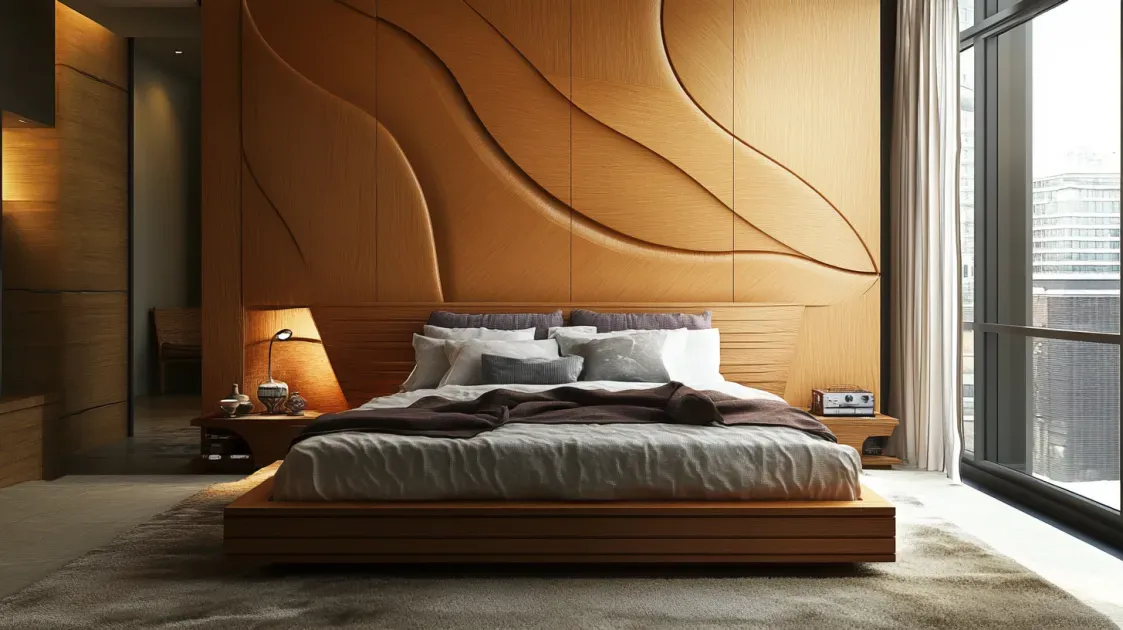Artistic tan fibre panelled quilted bed back with curved 3D design