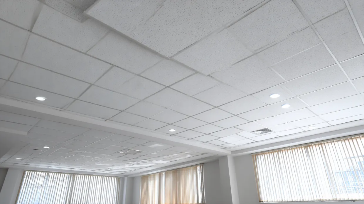  fibre false ceiling panels with textured finish and integrated lighting