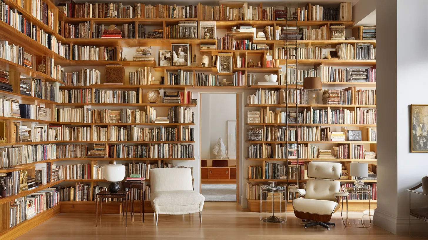 wall-to-wall shelving home library design with ceiling-high books