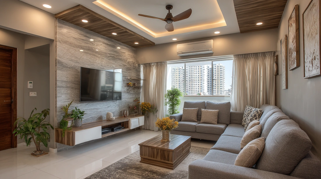 Parallel timber rafter accents across living room ceiling