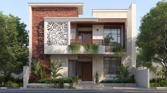 Three storey building with red brick and CNC jali