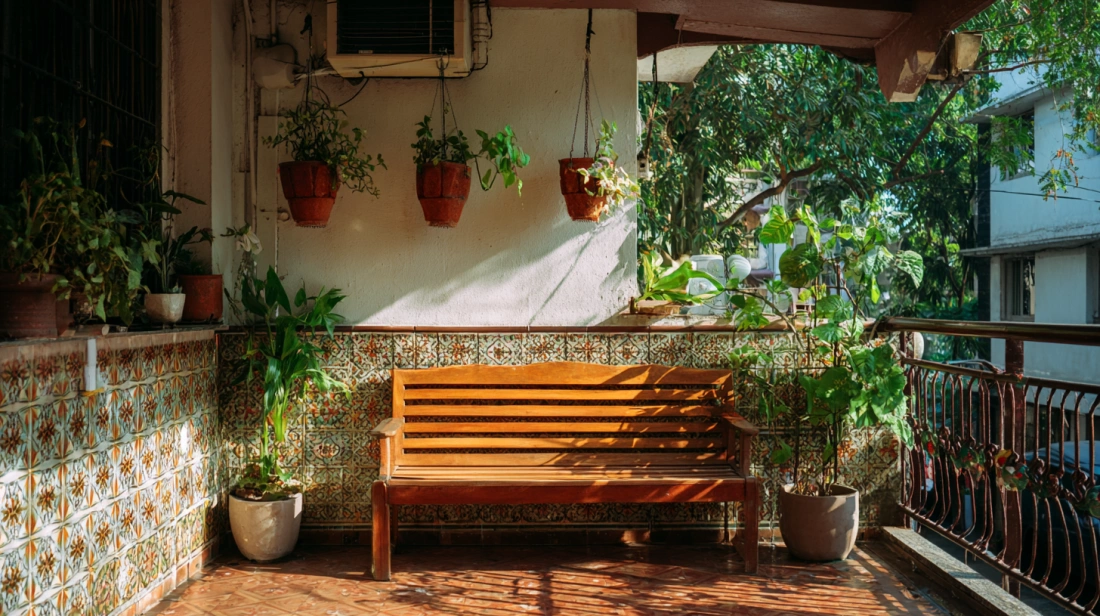 First floor sitout with bench and plants