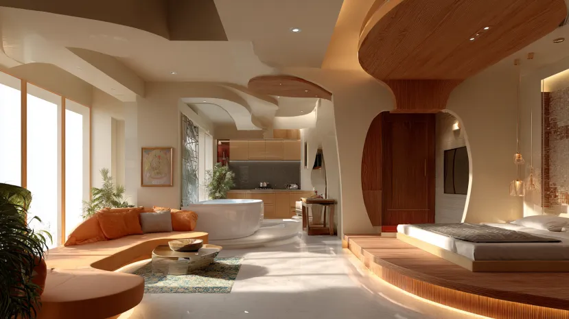 First-floor interior design featuring sleek curved seating