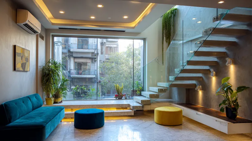 Large floor-to-ceiling fixed glass window in a modern living room next to a staircase.