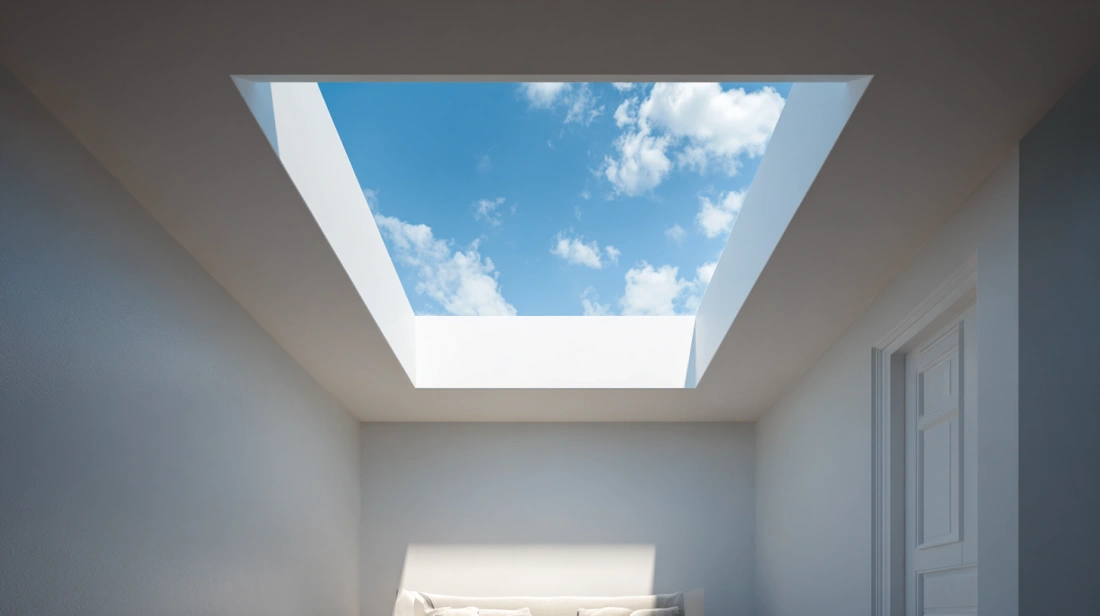Rectangular fixed skylight showing clear blue sky above room