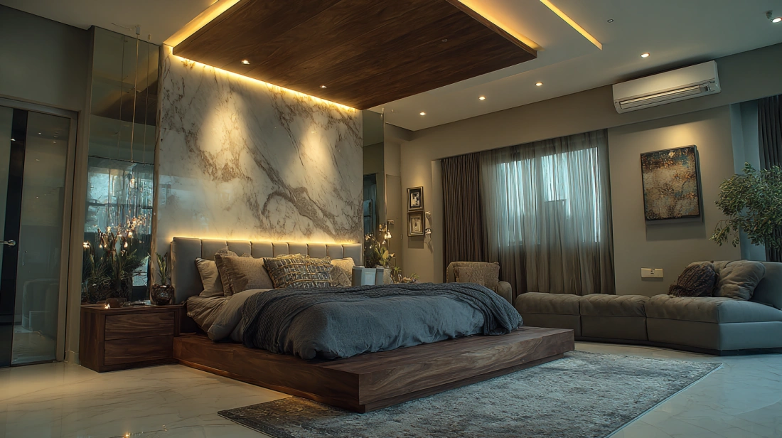 Floating gypsum island suspended from a bedroom ceiling