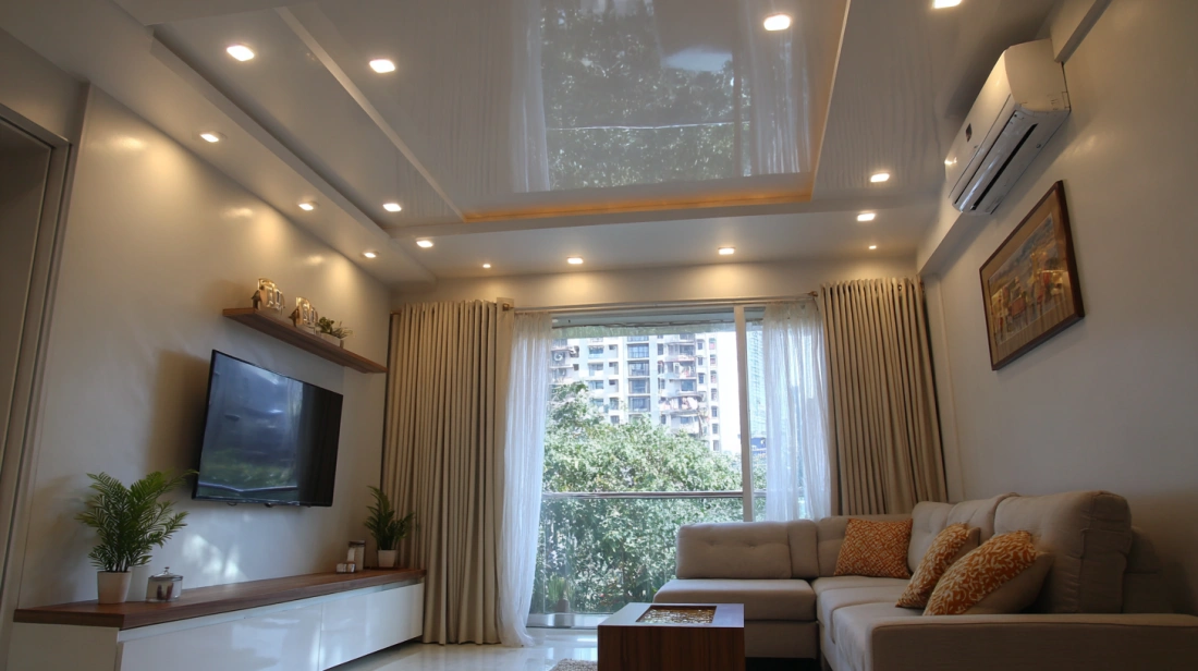 Glossy stretch ceiling panel reflecting modern apartment interior