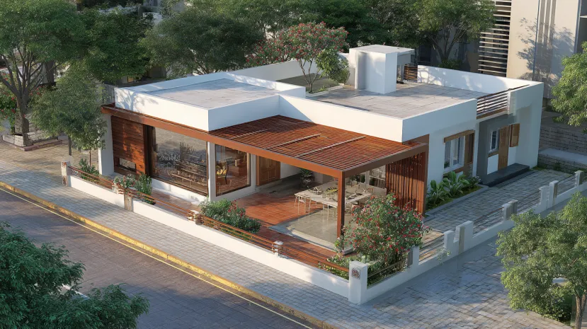 Sleek flat roof house design with a large wooden pergola area