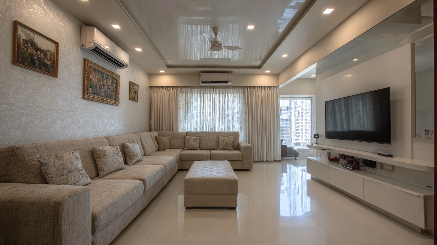 Minimalist living room showcasing a flat single level ceiling