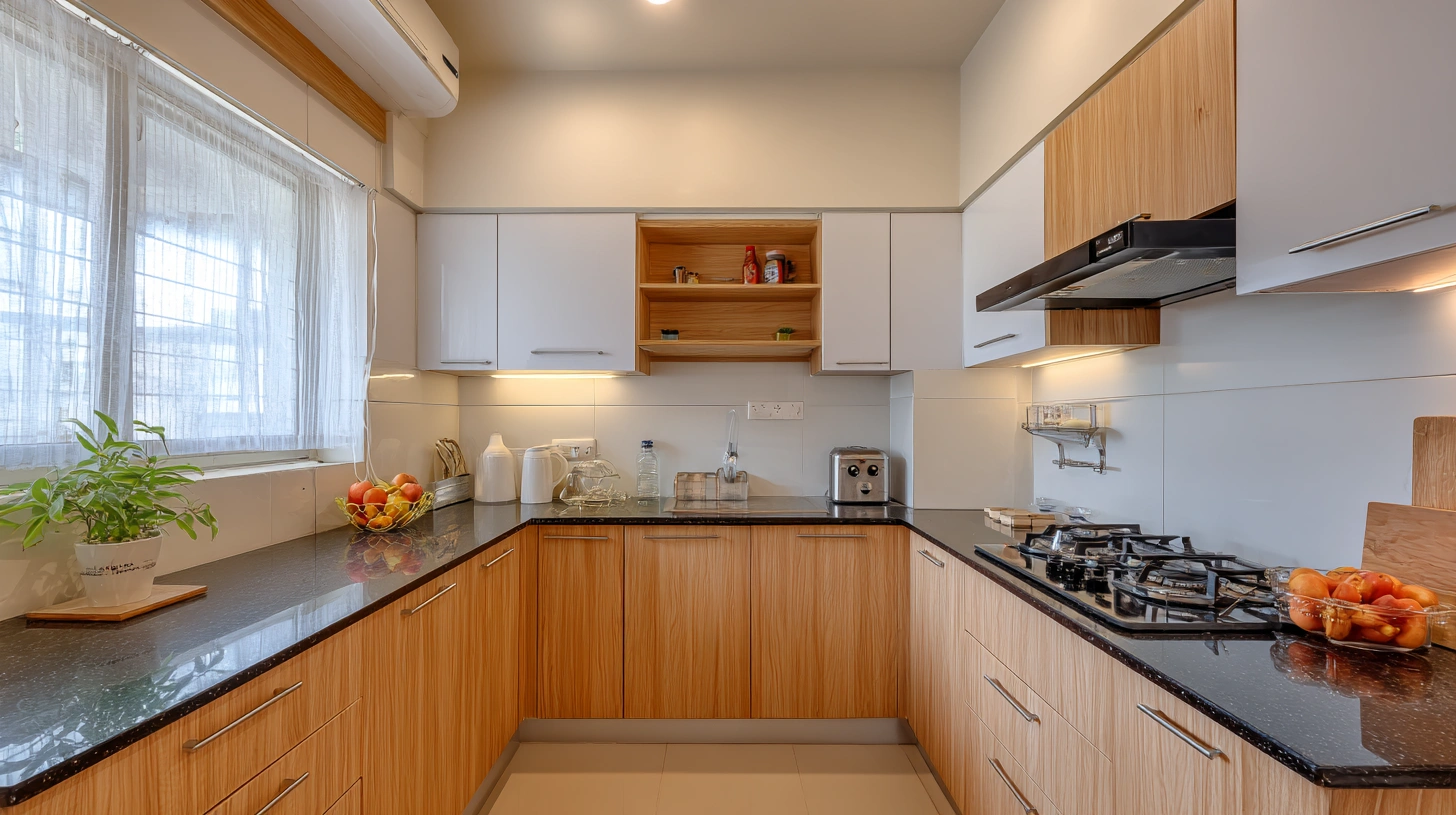 Minimalist modular kitchen utilizing a flat single level panel