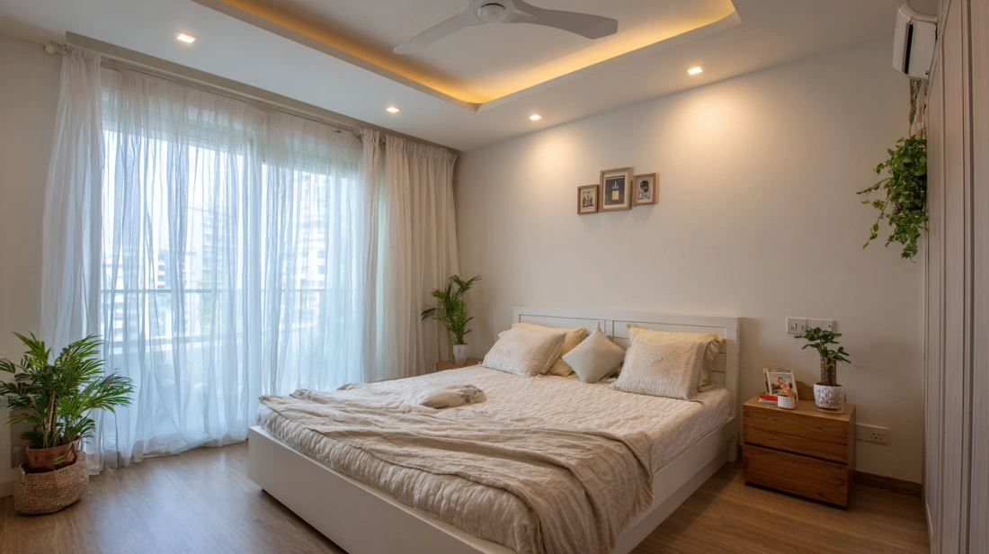Bright white bedroom with a flat single level ceiling