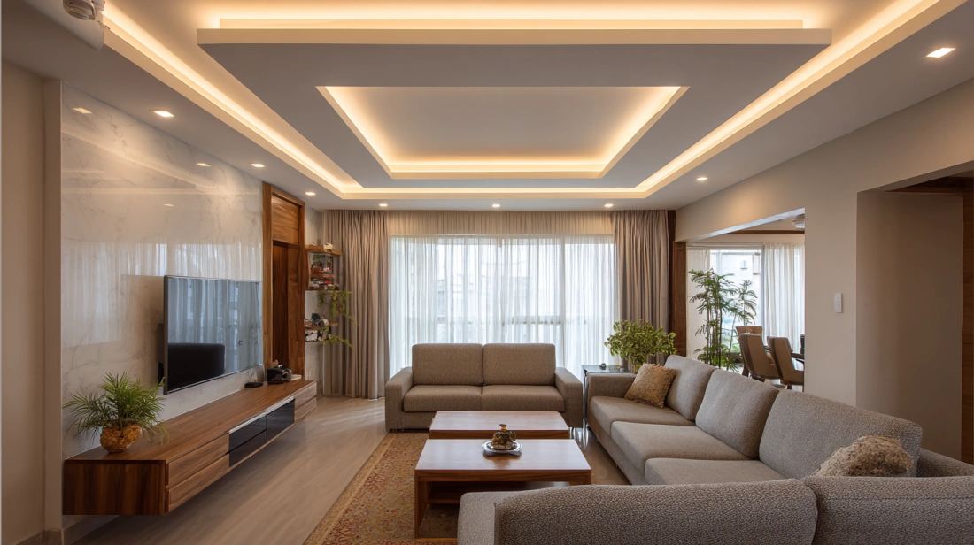 Luxurious modern bedroom with a glowing floating POP panel
