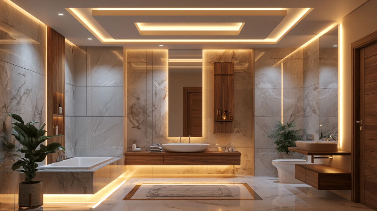 Floating ceiling with cove lighting in bathroom