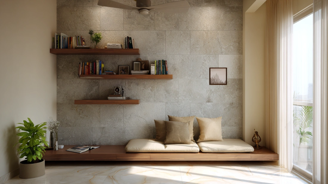 Floating cement shelves on vertical hall wall space