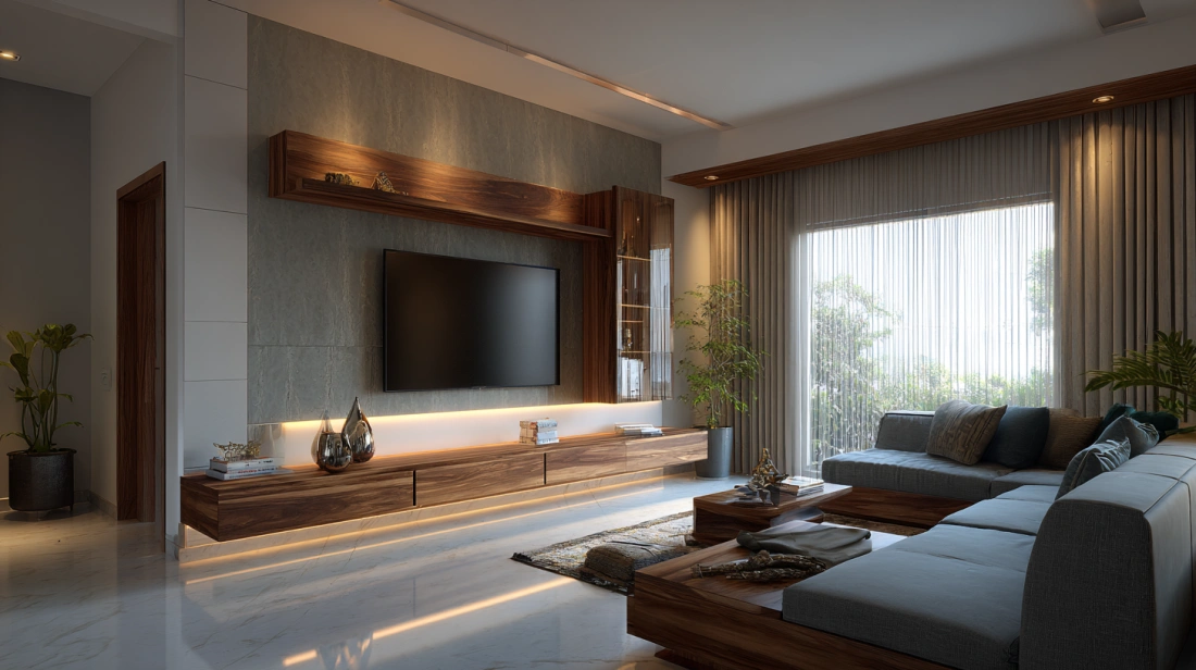Floating corner TV unit mounted on wall