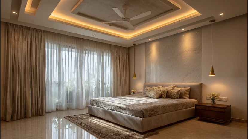 floating panel false ceiling design for bedroom with soft lighting