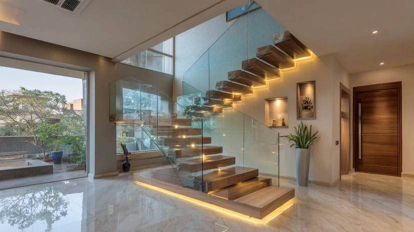 floating glass panels featured in sleek stair railing design