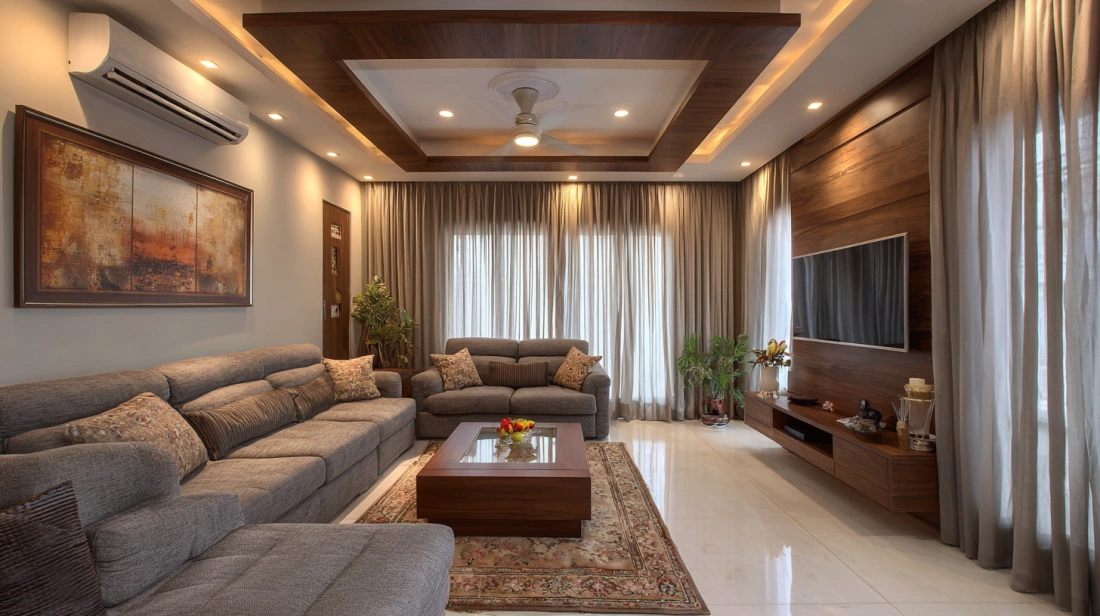 Recessed tray ceiling with central wood grid panel