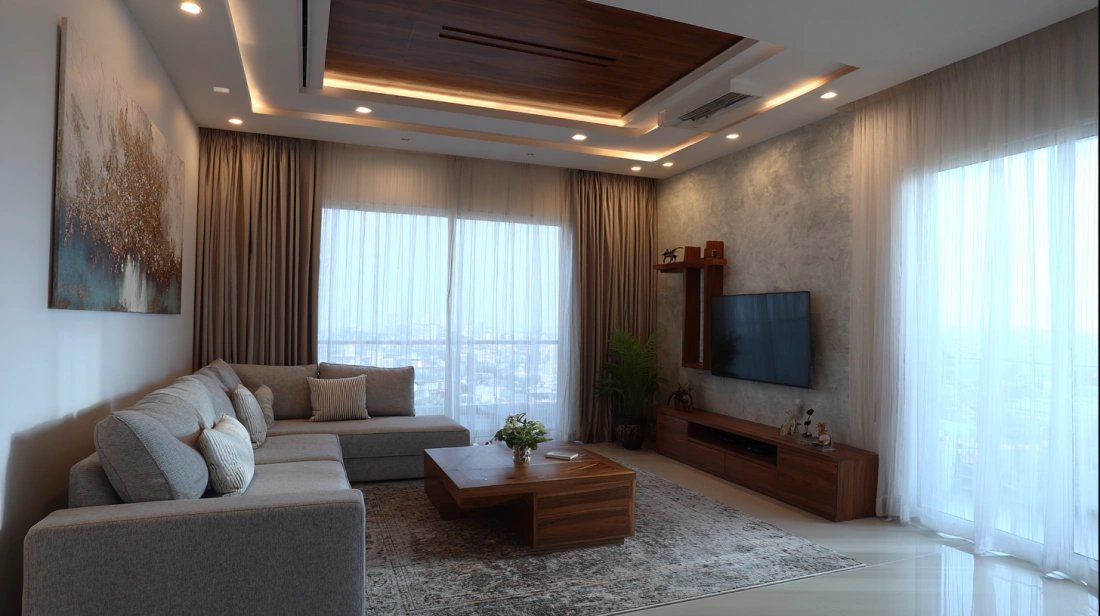 Urban living space featuring a floating central island ceiling