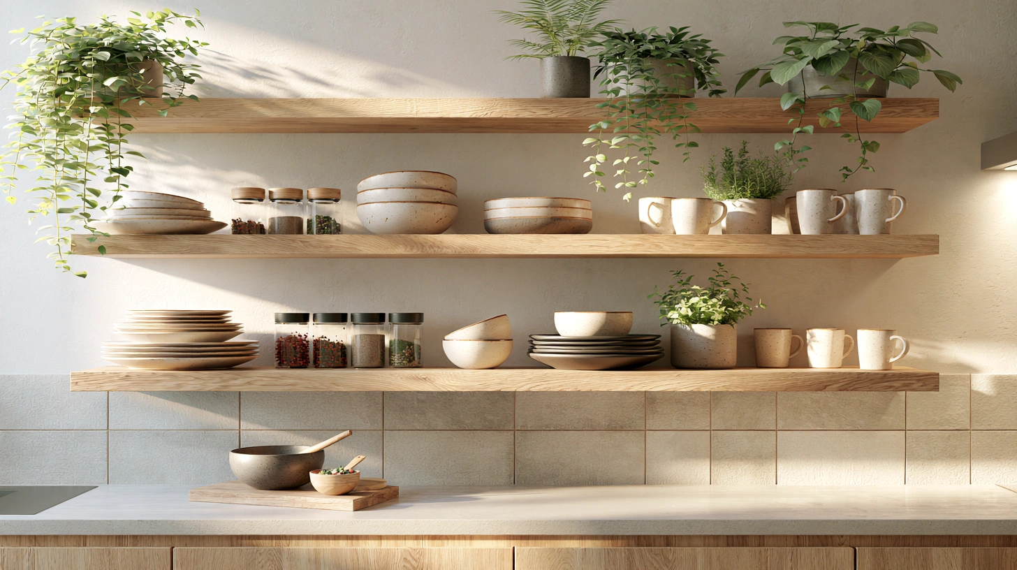 Floating wooden kitchen shelves with crockery