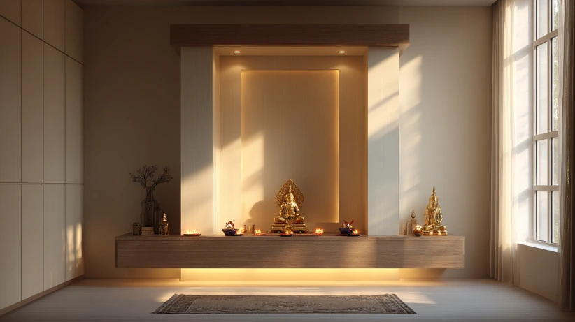floating wooden mandir unit styled in modern pooja mandir designs for home