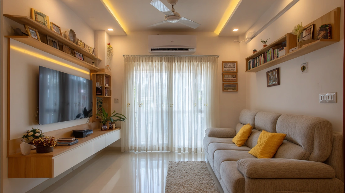 Minimalist floating media console mounted below a television