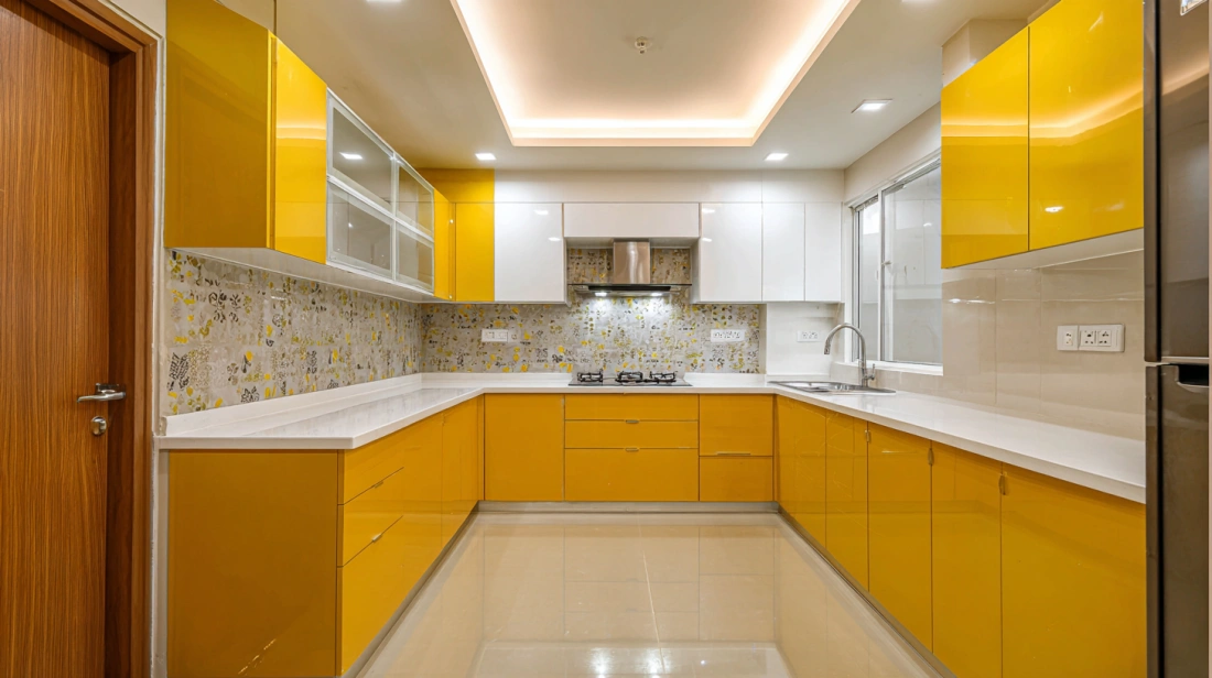 Vibrant yellow kitchen with a floating central ceiling panel