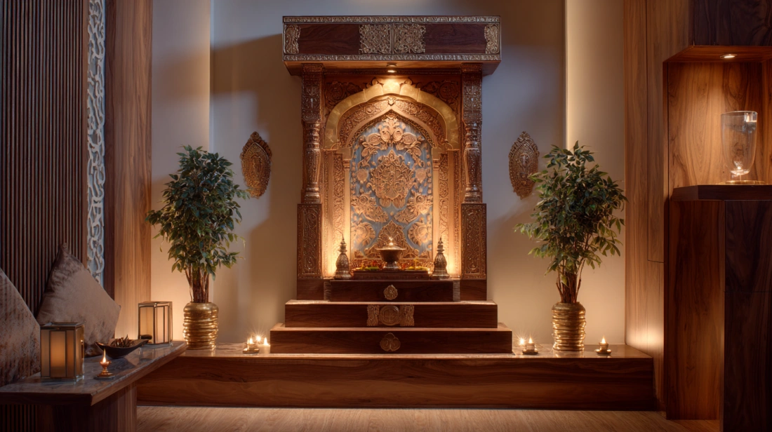 Floating plywood mandir with LED backlight
