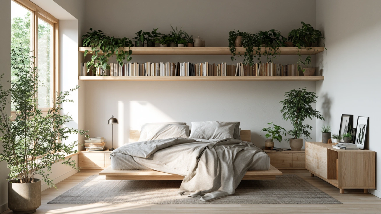 Floating shelves in modern bedroom