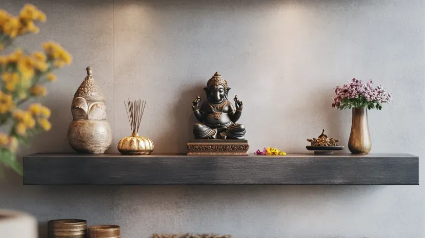 Indian mandir design with floating shelves for home