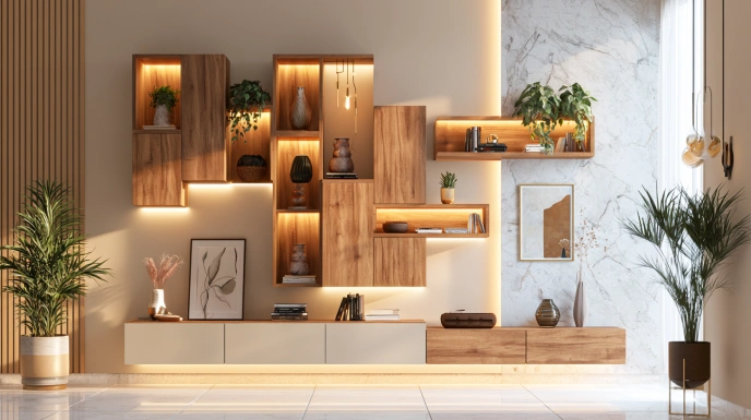 Floating shelf showcase for hall