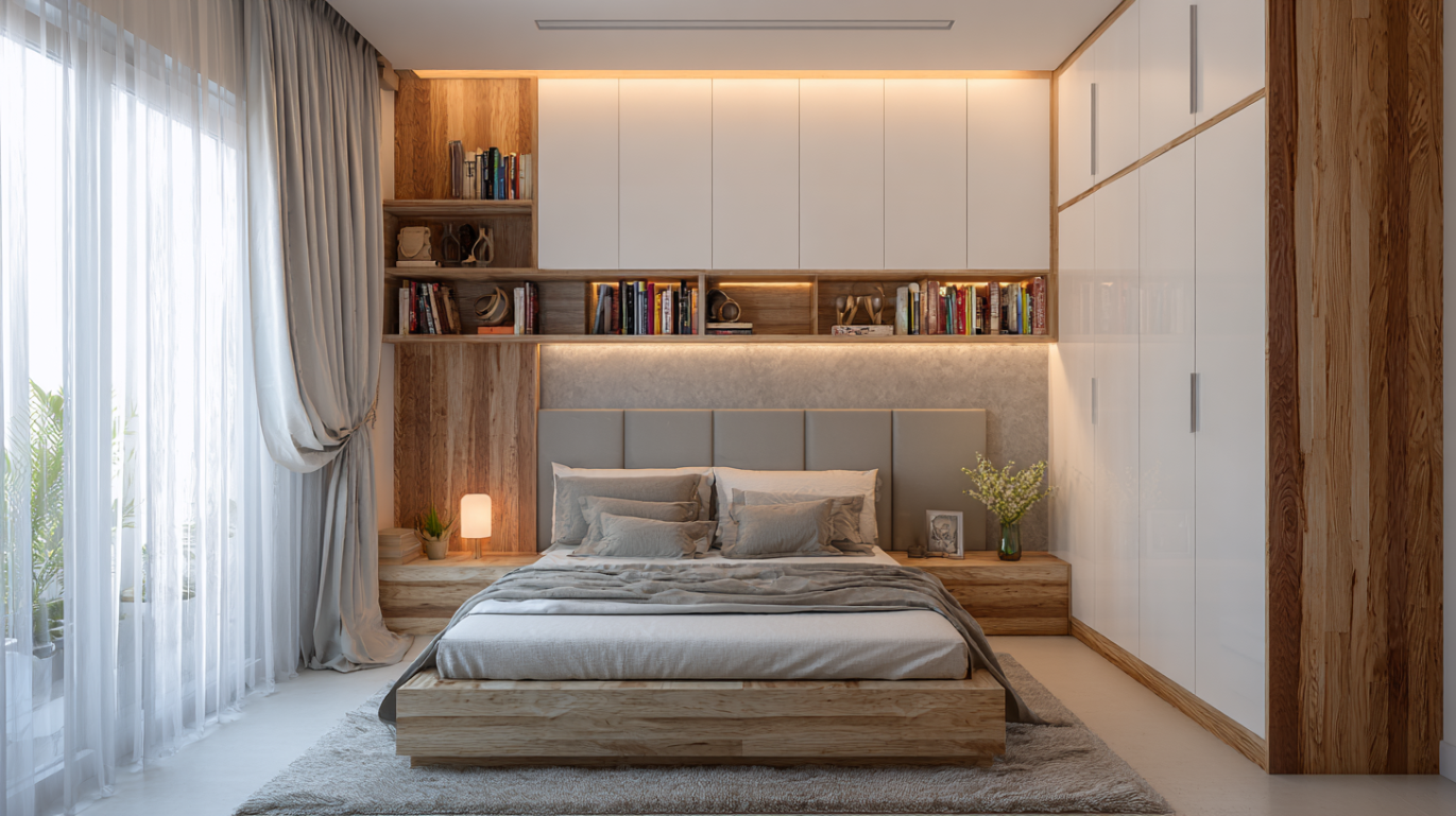 Integrated wardrobe and floating shelf design