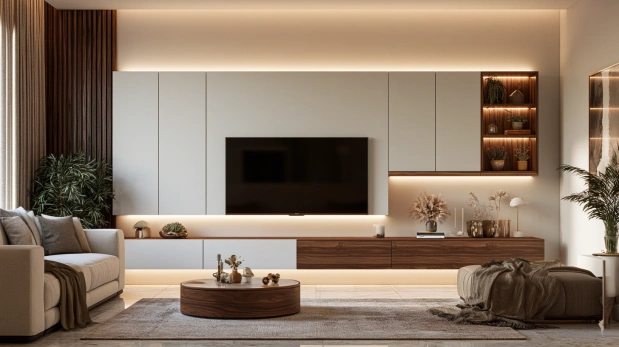 Floating TV cabinet with closed storage