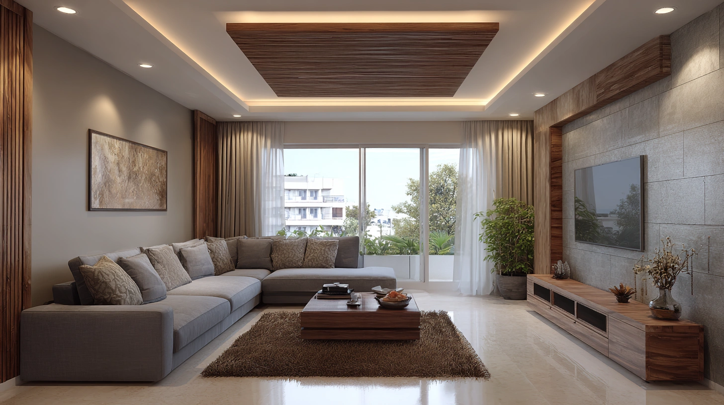 Living room with a central floating wooden ceiling panel