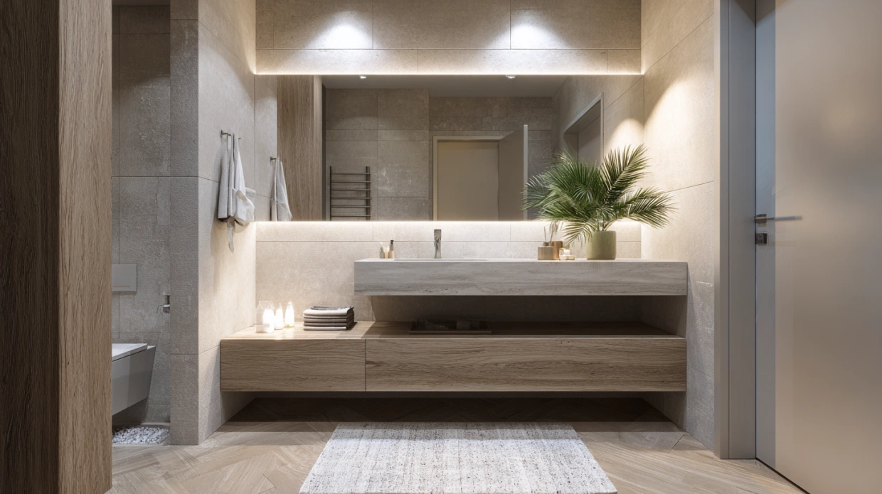 Floating vanity in modern small bathroom
