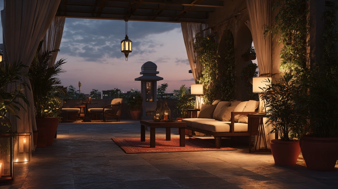 Floor lamps placed near terrace seating corner