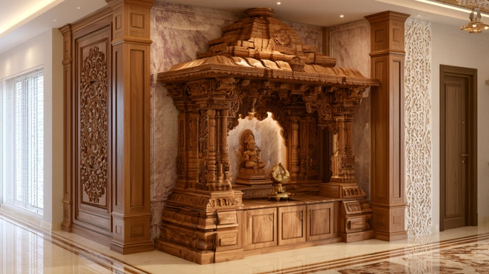 Floor-to-ceiling wooden corner pooja mandir