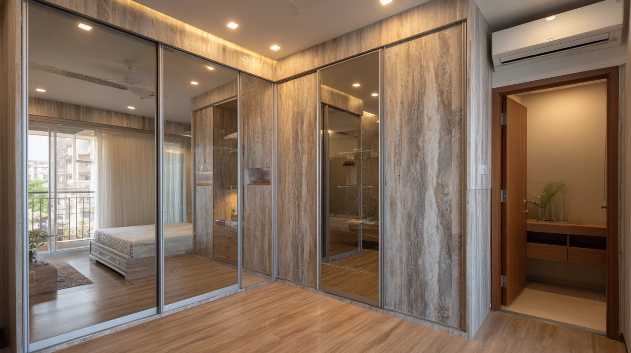 Sliding wardrobe partition in modern bedroom