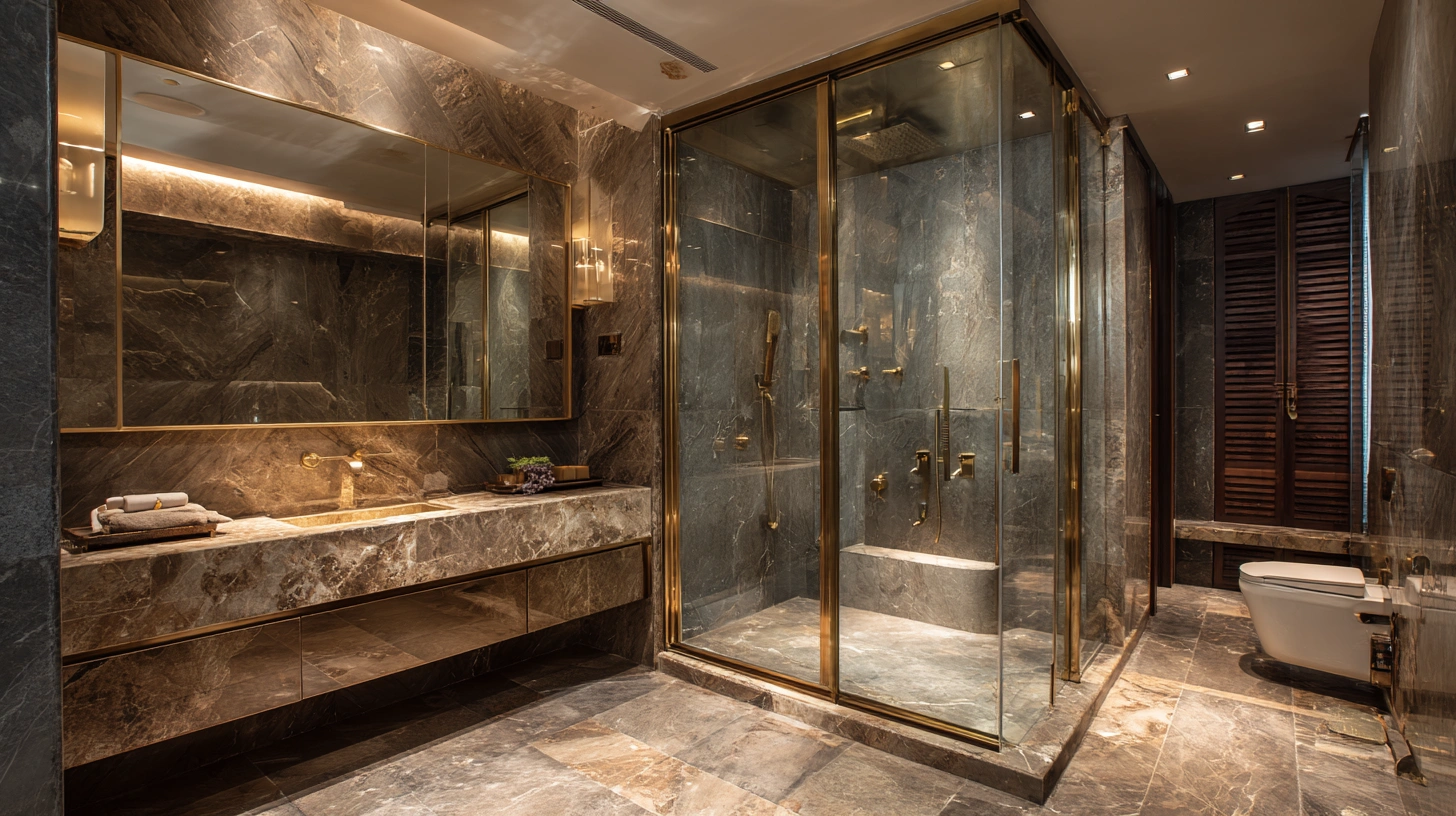 Tall sliding glass shower door with elegant gold fittings